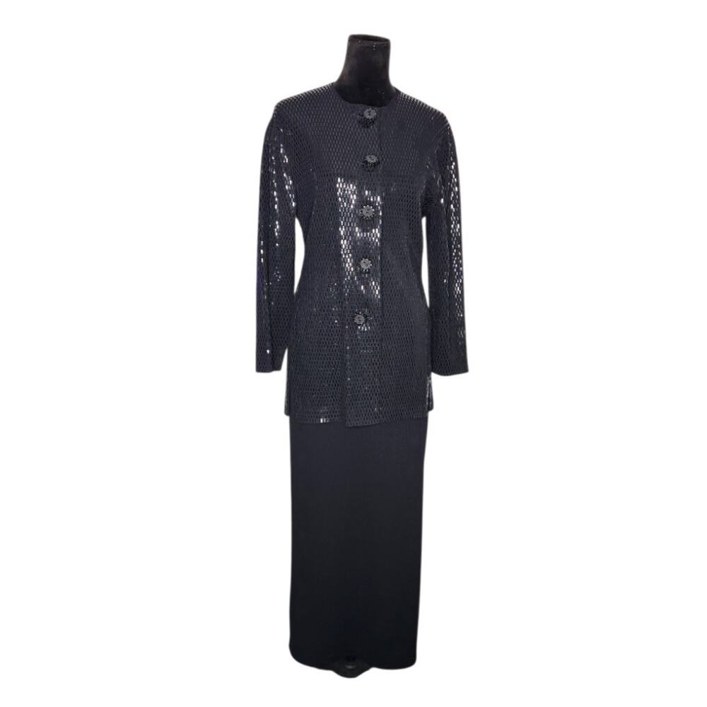 St John Evening Black Santana Knit Sparkly Paillette Jacket & Skirt Set Size 8